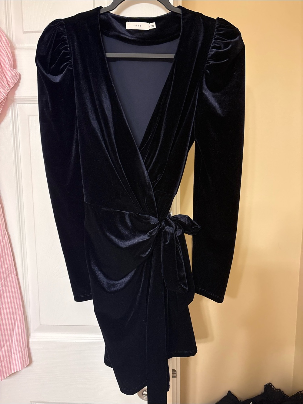 Lush Navy Velvet Wrap Mini Dress with Puff Shoulders
